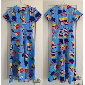 NWT Nooworks Snacks Greta Dress Midi Short Sleeve SMALL V Neck Made USA